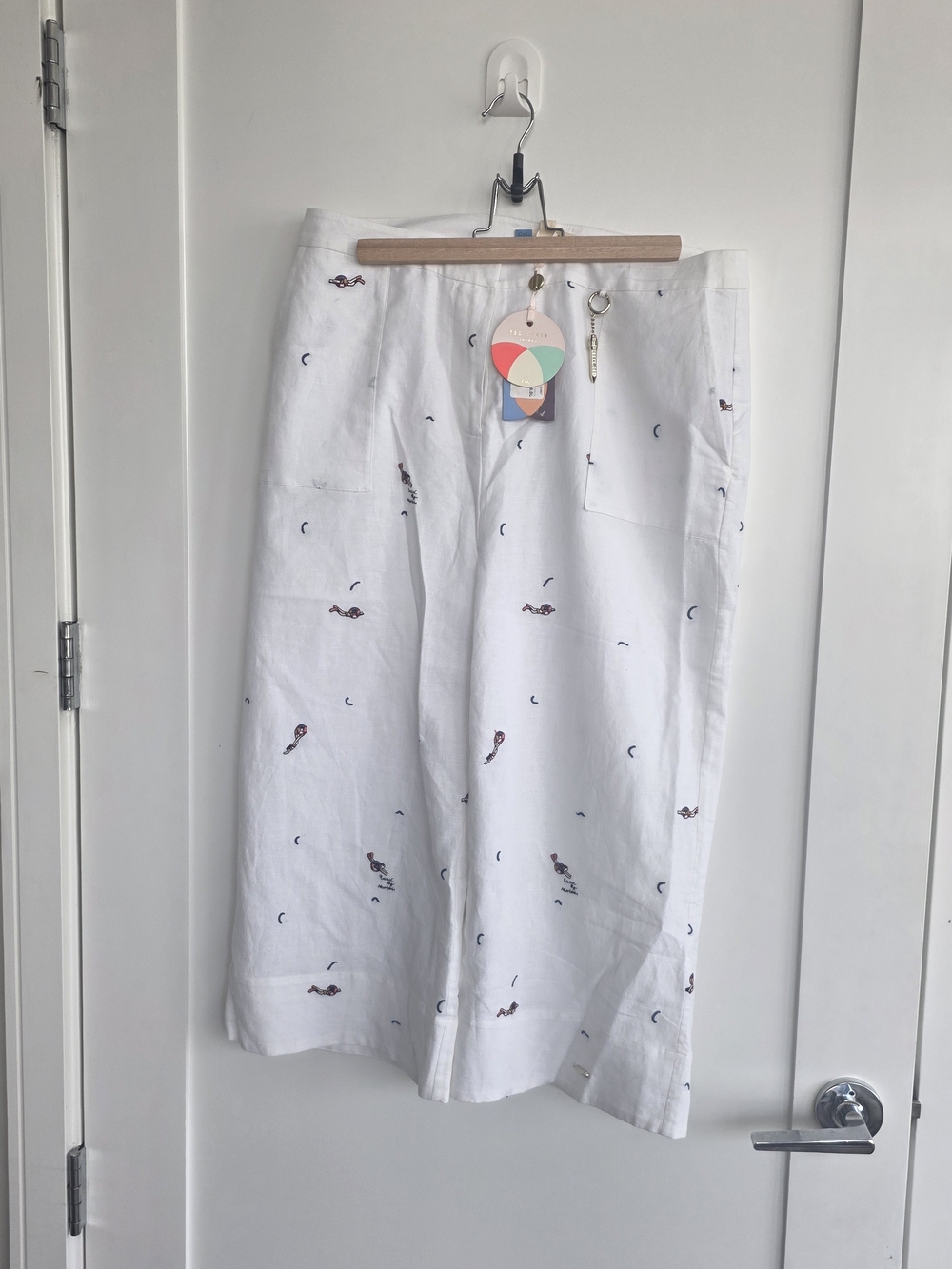 Ted Baker White Cotton Culottes with Navy Motifs